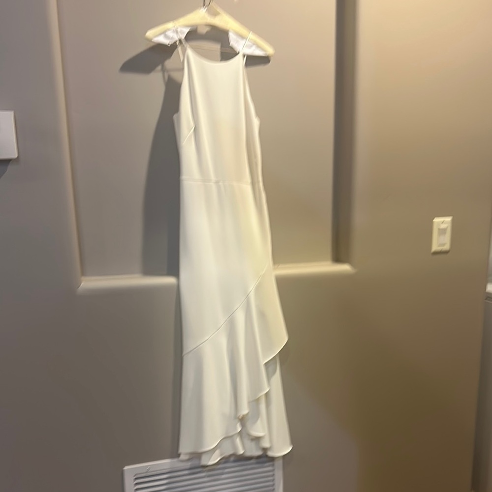White House Black Market Asymmetrical Halter Gown in White and Cream